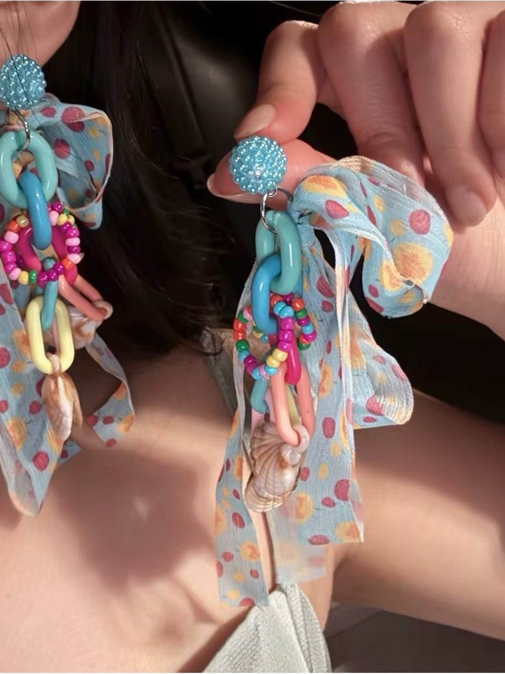 Playful Blue Ribbon Bead & Shell Drop Earrings